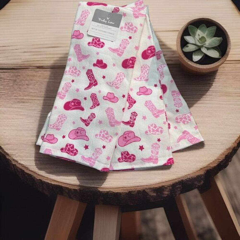 Kitchen Towels Cowgirl Boots Cowboy And Hat Pink Truly Lou Set Of 3 -‎ New